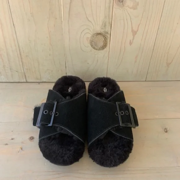 UGG OUTSLIDE BUCKLE BLACK FUR SANDALS SLIPPERS US 8 new - Picture 2 of 7